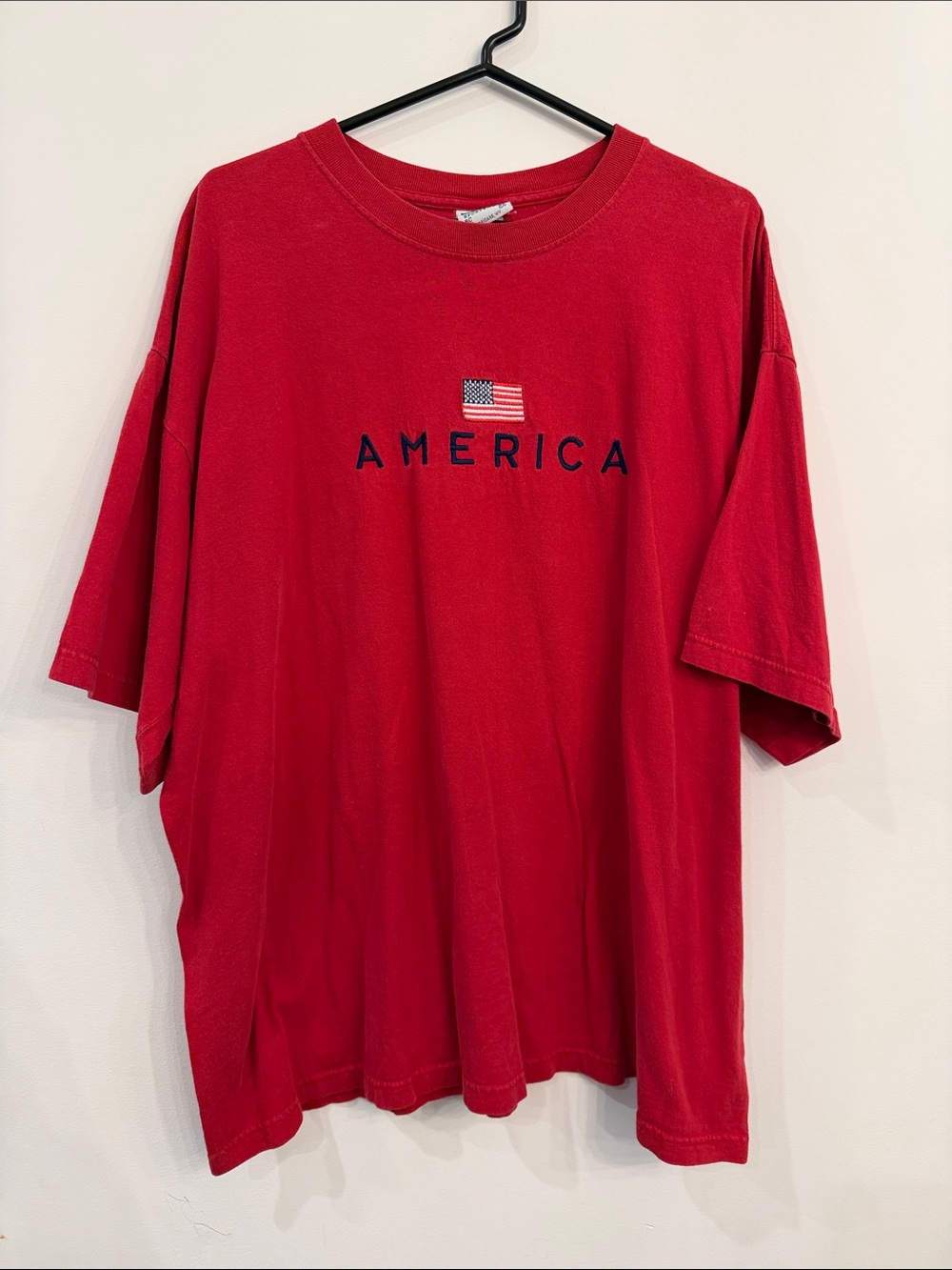 Vintage Red T-Shirt with Embroidered American Flag